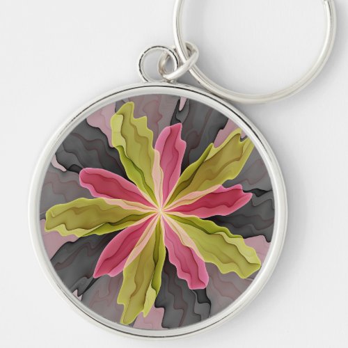 Pink Green Anthracite Fantasy Flower Fractal Art Keychain