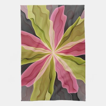 Pink Green Anthracite Fantasy Flower Fractal Art Kitchen Towel by GabiwArt at Zazzle