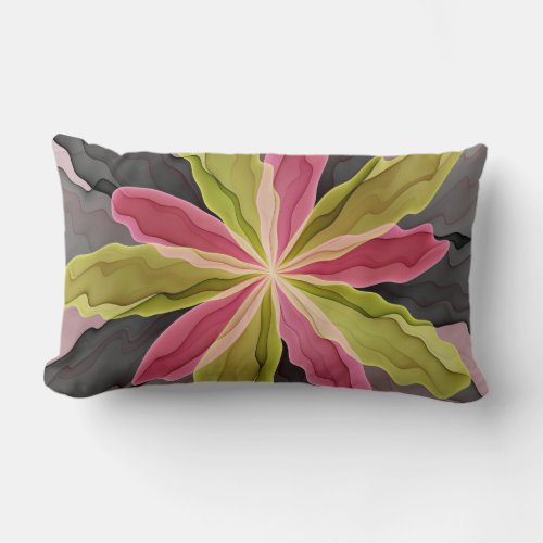 Pink Green Anthracite Fantasy Flower Fractal Art Lumbar Pillow