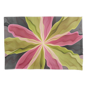 Pink Green Anthracite Fantasy Flower Fractal Art Pillow Case