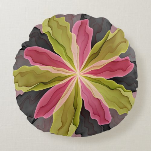 Pink Green Anthracite Fantasy Flower Fractal Art Round Pillow