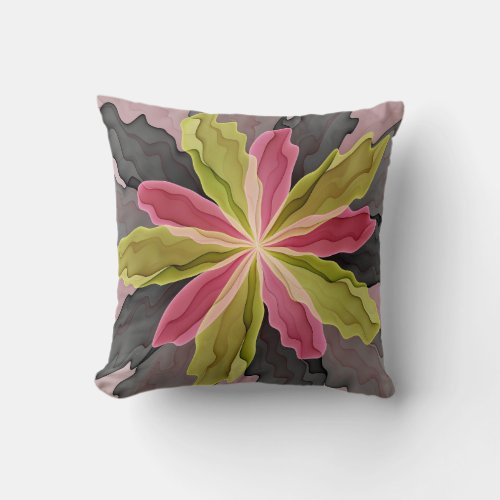Pink Green Anthracite Fantasy Flower Fractal Art Throw Pillow