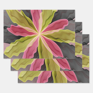 Pink Green Anthracite Fantasy Flower Fractal Art Wrapping Paper Sheets