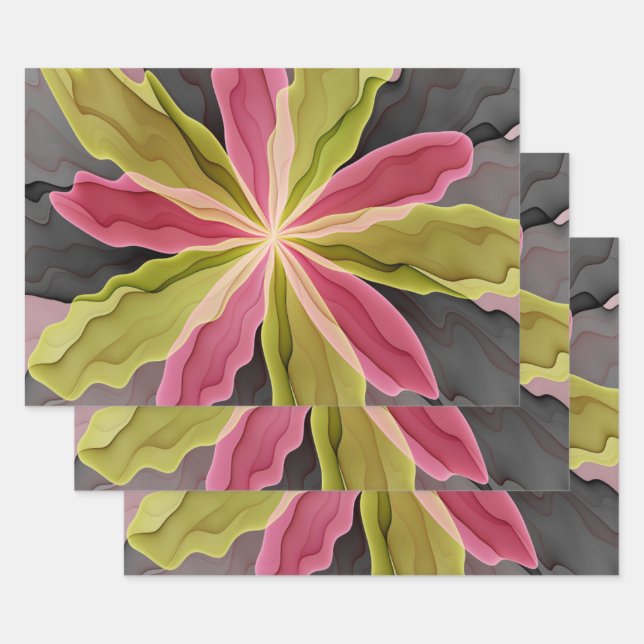 Pink Green Anthracite Fantasy Flower Fractal Art Wrapping Paper Sheets (Set)