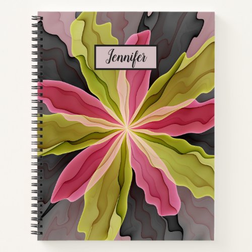 Pink Green Anthracite Fantasy Flower Fractal Name Notebook