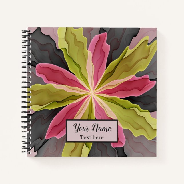 Pink Green Anthracite Fantasy Flower Fractal Name Notebook (Front)