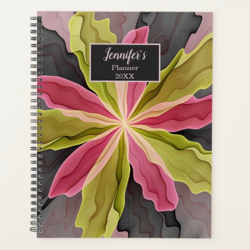 Pink Green Anthracite Fantasy Flower Fractal Name Planner