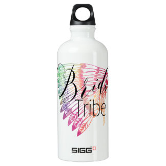 PINK GREEN AQUA FEATHERED BLACK SCRIPT BRIDE TRIBE ALUMINUM WATER BOTTLE