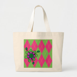 Pink & Green Argyle & Flower Large Tote Bag
