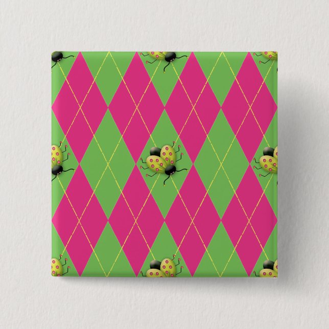 Pink & Green Argyle Ladybug Pinback Button (Front)
