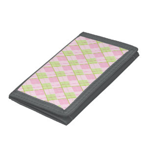 Pink green argyle patterned plaid lady golf trifold wallet