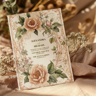 Pink Green Art Nouveau Floral Wedding Invitation
