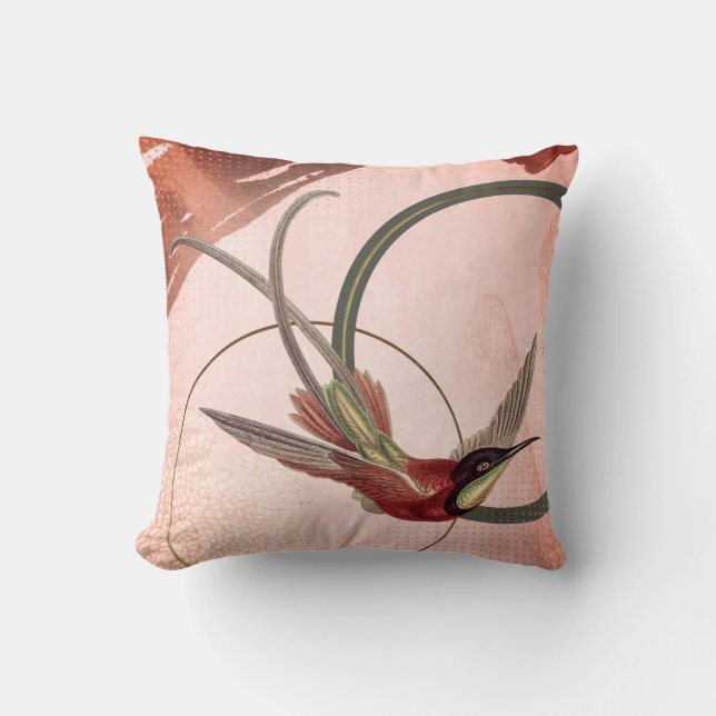 Pink & Green Artistic Hummingbird Design Throw Pillow (Front)