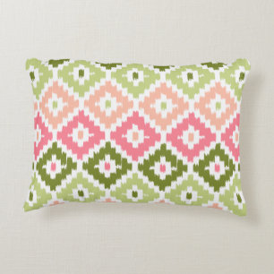 Pink Green Aztec Tribal Print Ikat Diamond Pattern Accent Pillow