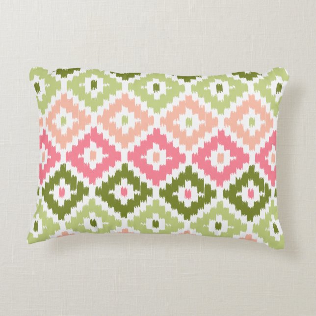 Pink Green Aztec Tribal Print Ikat Diamond Pattern Accent Pillow (Back)