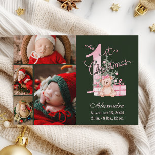Pink Green Baby First Christmas 4 Photo   Holiday Card