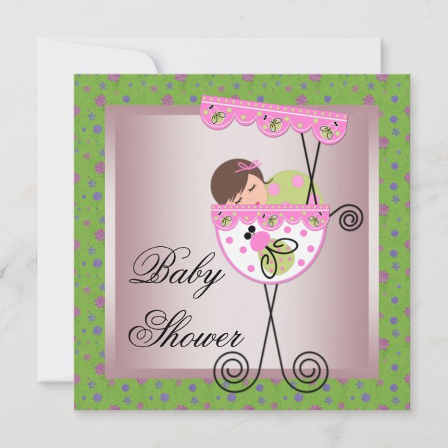 Pink Green Baby Girl Shower Invitations (Front)