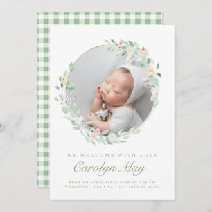 Pink Green Baby Photo Birth Announcement Cards