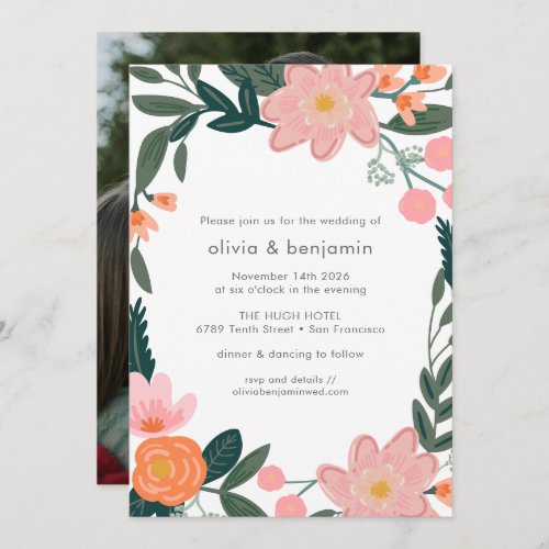 Pink Green Backyard Garden Floral Photo Wedding Invitation
