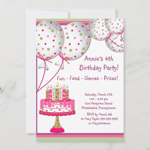 Pink Green Balloons Cake Girls 4th Birthday Party Custom Announcements