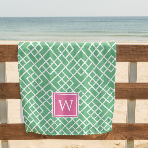 Pink  Green Bamboo Lattice Pattern Monogram Beach Towel