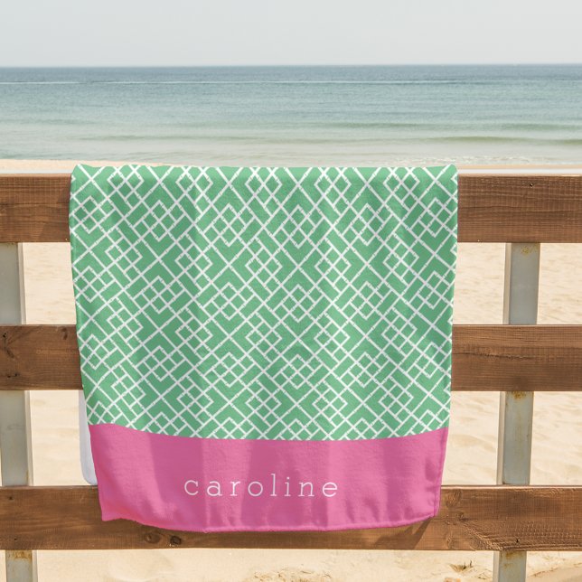 Pink & Green Bamboo Lattice Pattern | Personalized Beach Towel (Creator Uploaded)