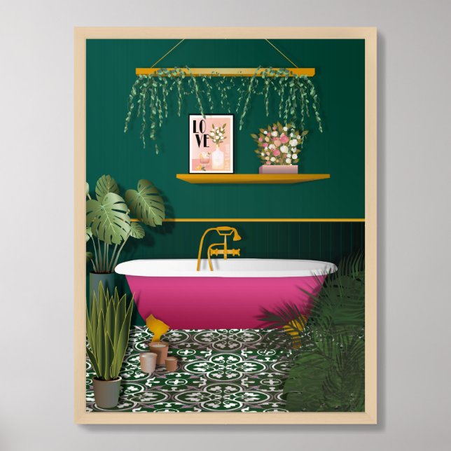 Pink Green Bathroom Wall Art (Framed Front)