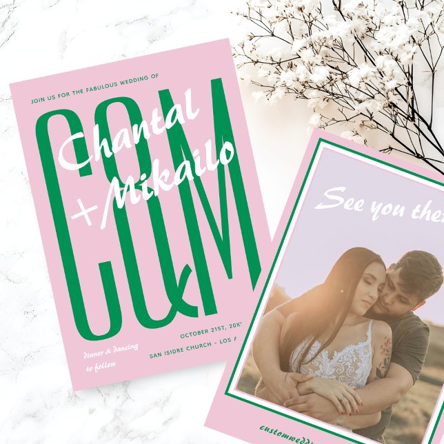 Pink Green Big Monogram Creative Bold Fun Wedding Invitation (Creator Uploaded)
