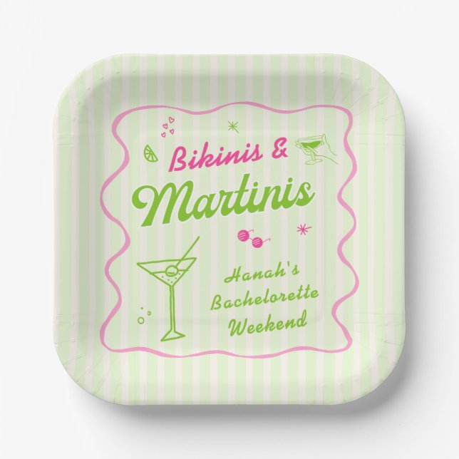 Pink & Green Bikinis and Martins Bach Party Paper Plates (Front)