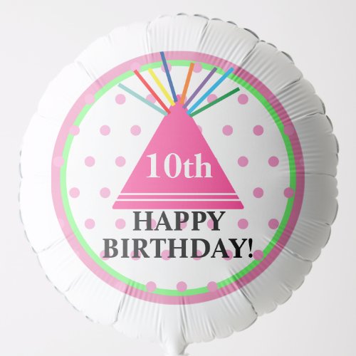 Pink Green Birthday Party Hat Polka Dots ANY AGE Balloon
