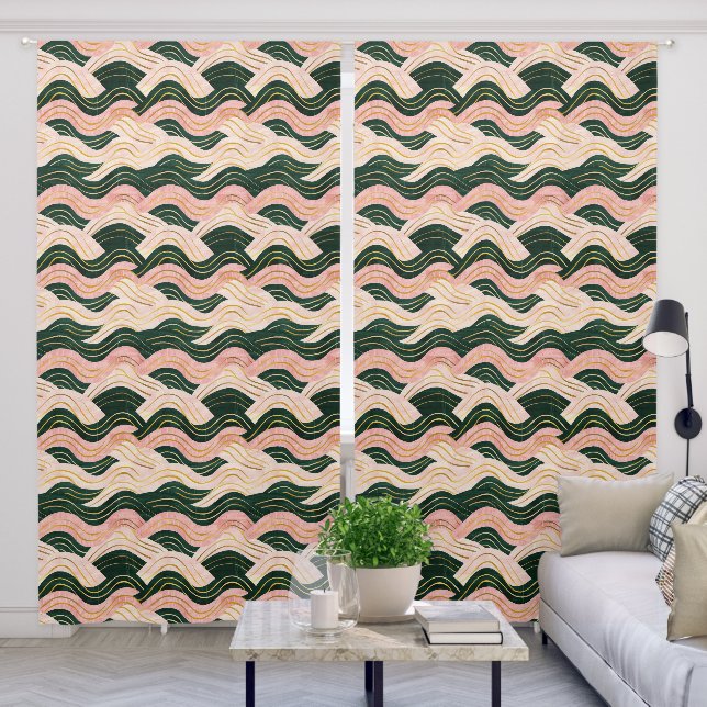 Pink, Green, Black and Gold Wavy Striped  Blackout Curtains (Living Room)