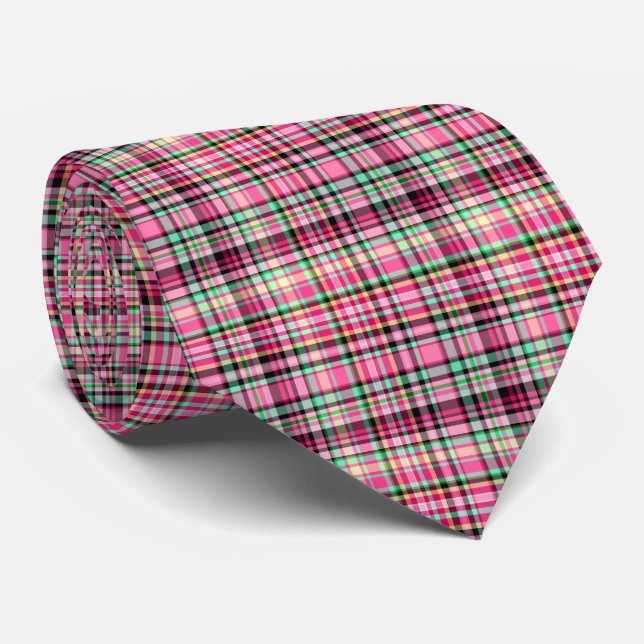 Pink Green Black and White Plaid Lady Slipper Neck Tie (Rolled)