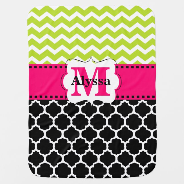 Pink Green Black Chevron Personalized Swaddle Blanket (Front)