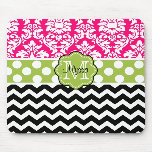 Pink Green Black Dots Damask Personalized Mousepad (Front)