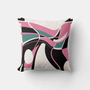 Pink Green Black on Off-White Swirling Art Motif Throw Pillow
