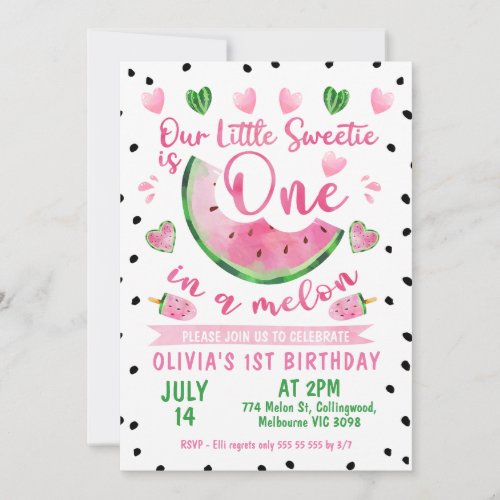 Pink Green Black One In A Melon 1st Birthday Invitation