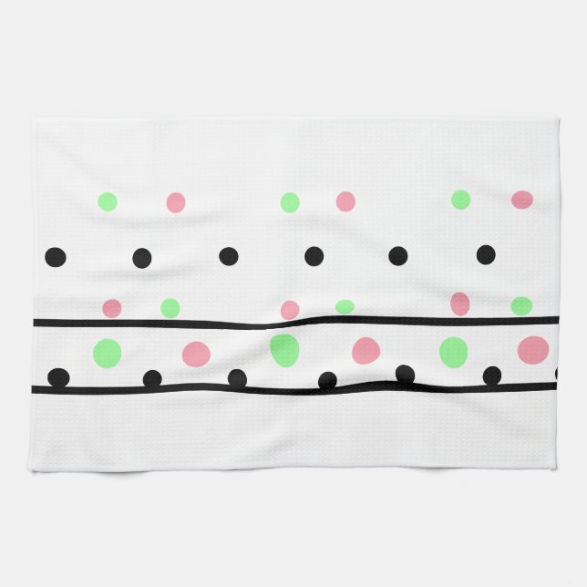 Pink Green Black Polka Dots Kitchen Towel (Horizontal)
