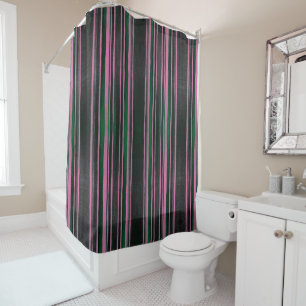 Pink Green Black Vintage Striped Fabric Texture Shower Curtain