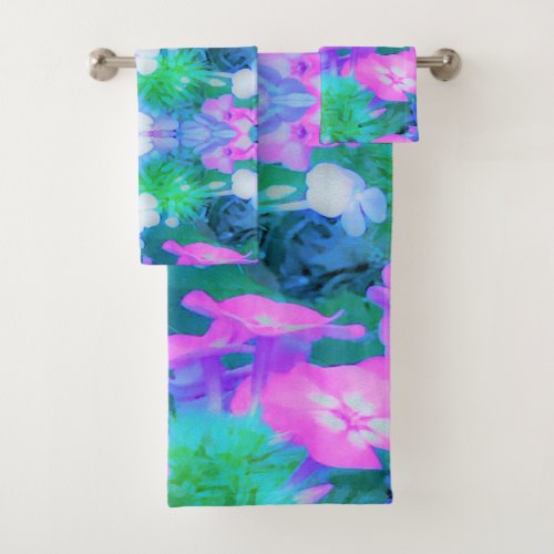 Pink Green Blue and White Garden Phlox Flowers Bath Towel Set