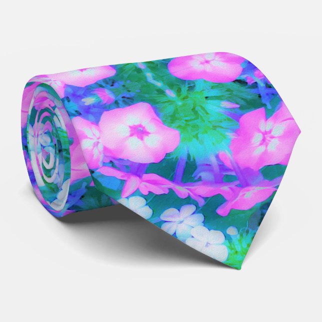 Pink, Green, Blue and White Garden Phlox Flowers Neck Tie (Rolled)