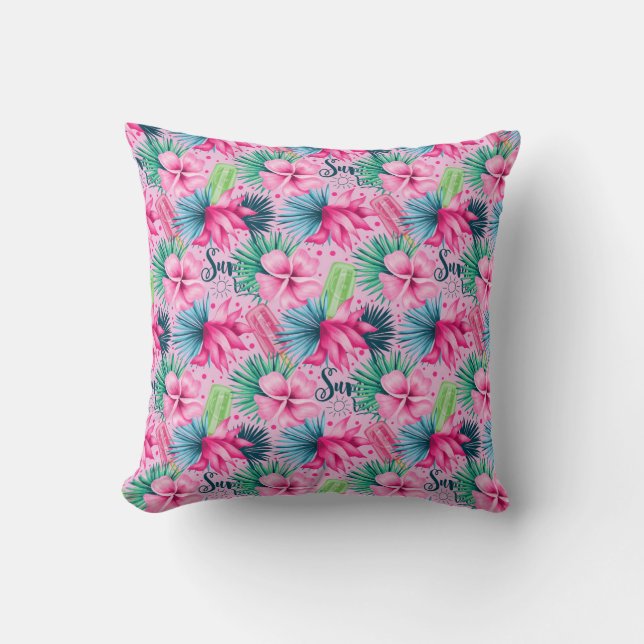  Pink Green Blue Flowers Floral Bright Tropical Throw Pillow (Front)