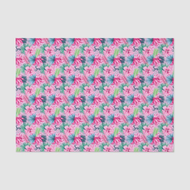  Pink Green Blue Flowers Floral Bright Tropical  Tissue Paper (Front)