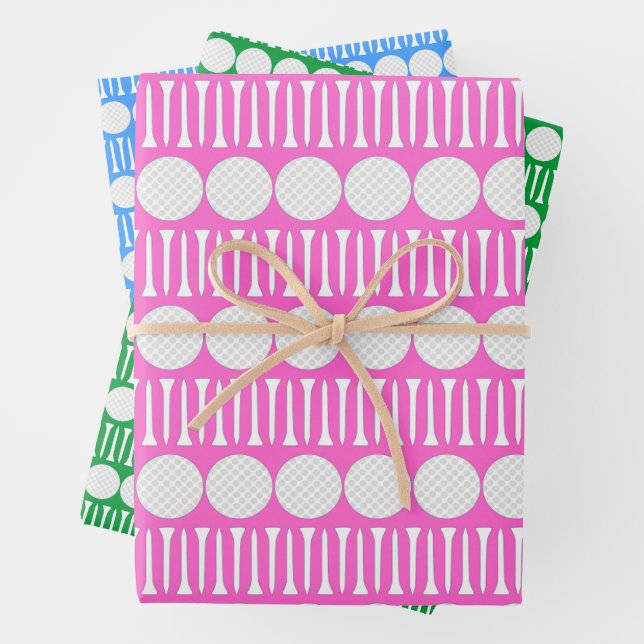Pink Green & Blue Golf Balls & Tees  Wrapping Paper Sheets (In situ)