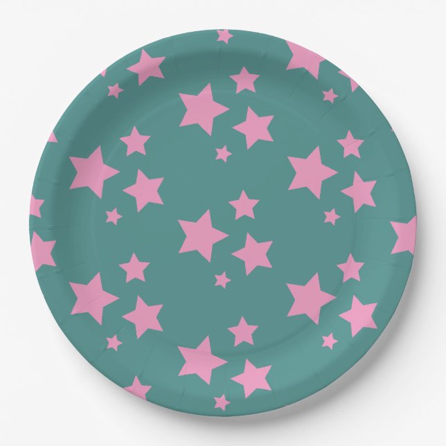 Pink Green Blue Teal Stars Kids Baby Circus Party Paper Plates (Front)