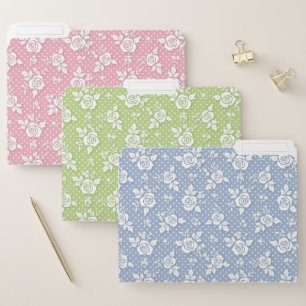 PINK GREEN BLUE WITH TINY WHITE LACE LOOK ROSES FILE FOLDER