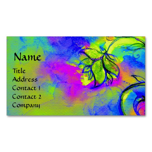 PINK GREEN BLUE YELLOW WHIMSICAL FLOWERS BUSINESS CARD MAGNET