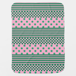 Pink Green Boho Check Floral Stripes Pattern Baby Blanket