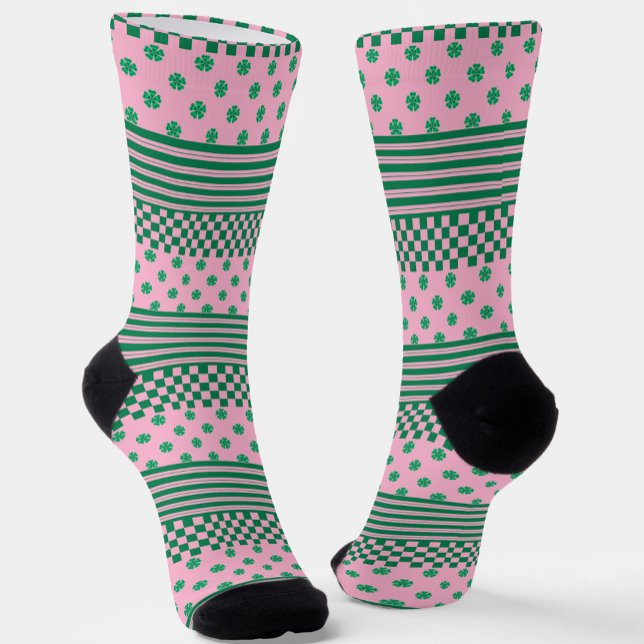 Pink Green Boho Check Floral Stripes Pattern Socks (Creator Uploaded)
