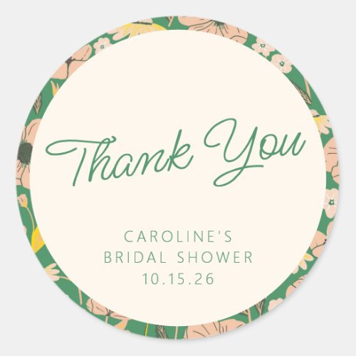 Pink Green Boho Floral Custom Shower Thank You Classic Round Sticker