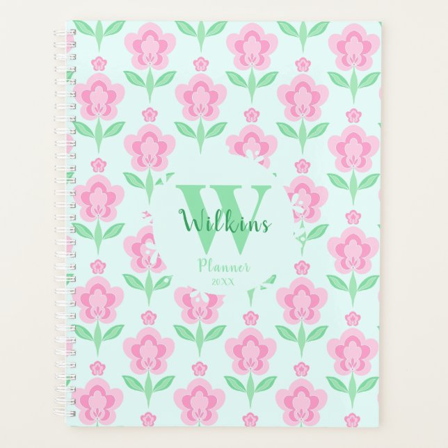 Pink Green Boho Floral Flower Art Decor Design  Planner (Front)